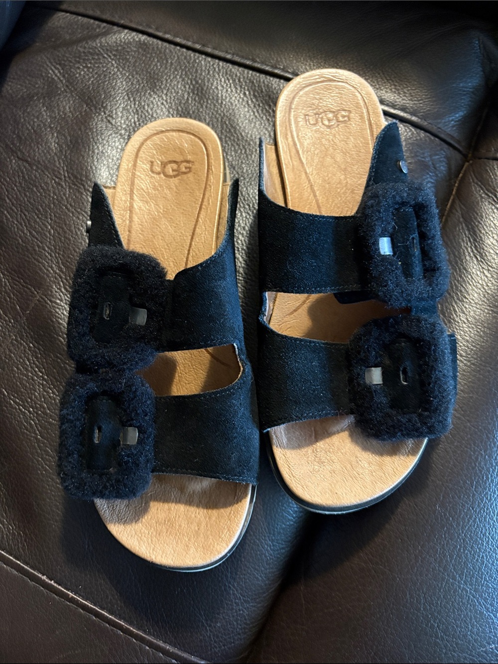 UGG Black Suede Shearling Slides, 2 Adjustable Buckles. Powder Soft Footbed.